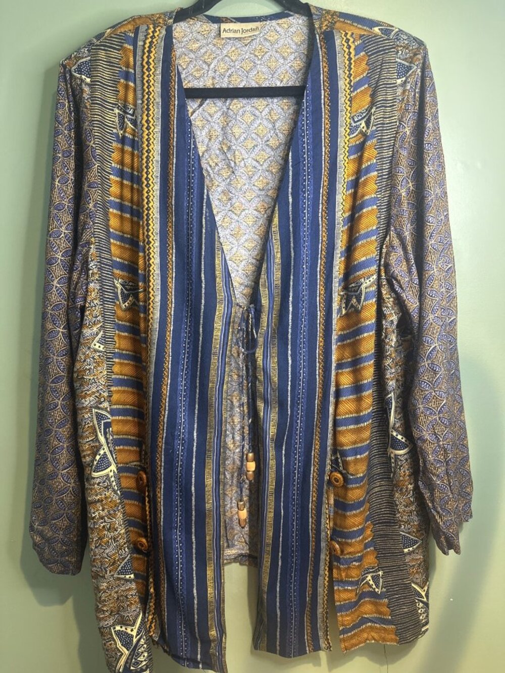 Vintage Adrian Jordan Boho Jacket XL Indigo Tribal Print Shoulder Pads 90s